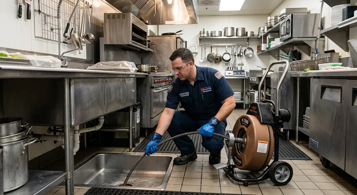 Commercial drain cleaning service in a restaurant kitchen in Sheldon