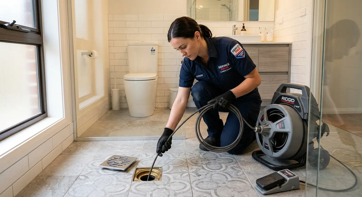 Technician clearing a bathroom floor drain for Clogged Drain Repair in Sheldon